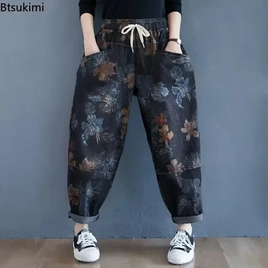بنطلون جينز نسائي بطول الكاحل بتصميم عصري بنمط هاراجوكو بطبعة عتيقة كاجوال