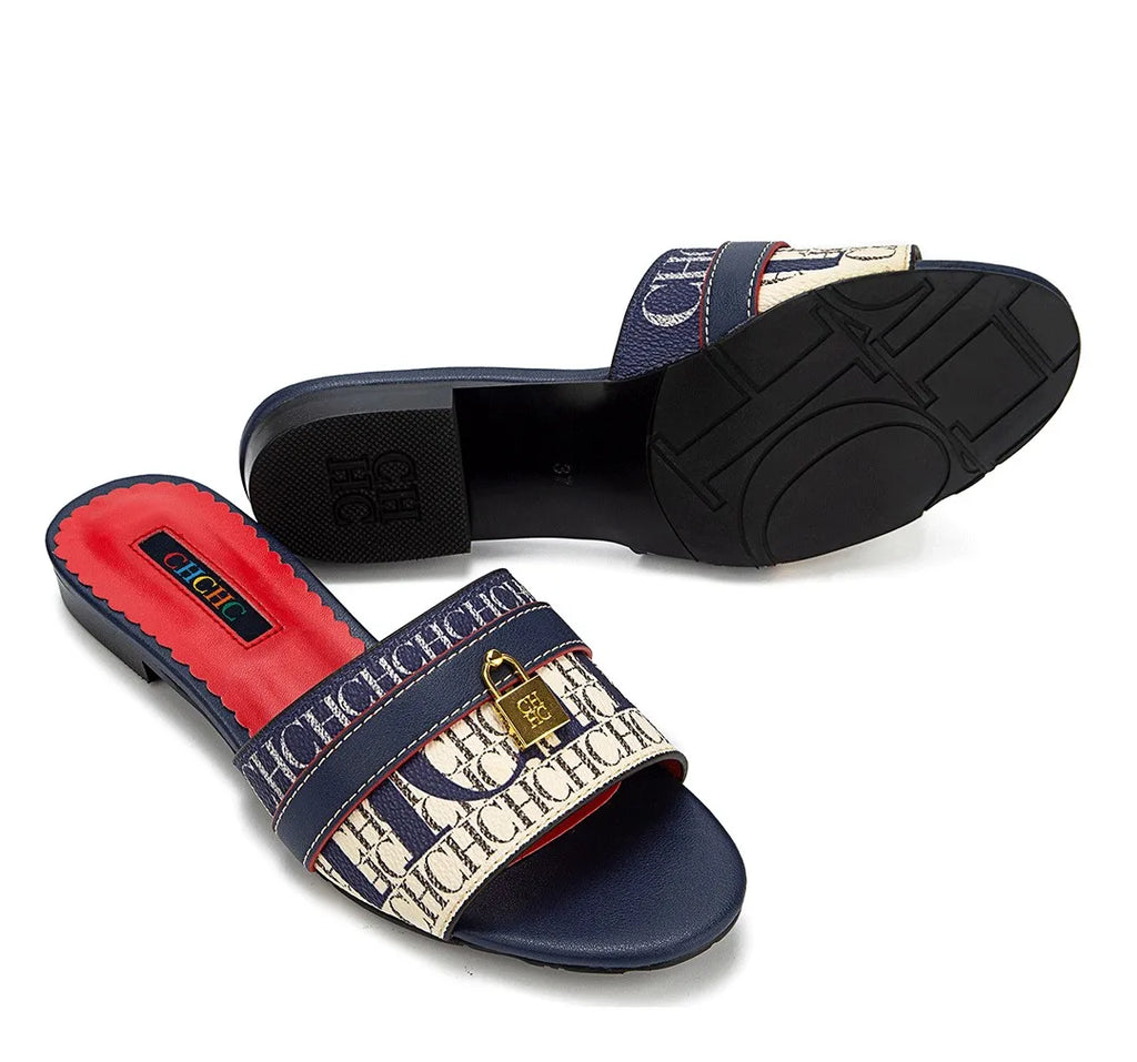 High Quality Metal Lock Monogram Print Women's Low Heeled Slippers Delicate and Versatile Women's Fashion Slippers