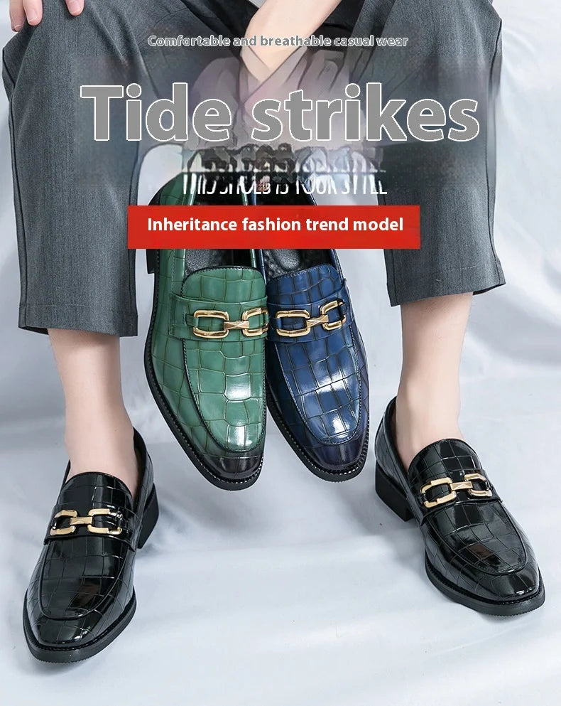 46 plus-size Metal Pressed Floral Loafers 2024 new merchant leather shoes men's casual pressed plaid leather pointy