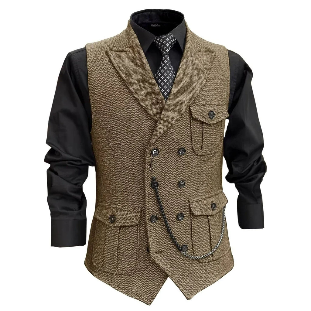 Men Vest GrayHerringbone Double Button With Pocket Waistcoat For Wedding Party Banquet Business Casual Daily Work Men Suit Vest