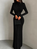 Nibber Folds Maxi Dress Women o-Neck Full Sleeve Solid Banquet Elegant Vacation Fashion Autumn Skinny Casual Simple Vestidos
