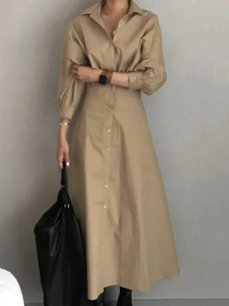 Women Casual Long Shirts Dresses 2025 Summer Spring Clothes Khaki Puff Sleeves Botton Simple Maxi Dresses for Women