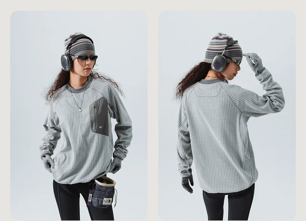 Mountain-Ready Crewneck: Engineered with Ribbed Neck, Reflective Logo, & Secure Chest Pocket for Outdoor Style Unisex