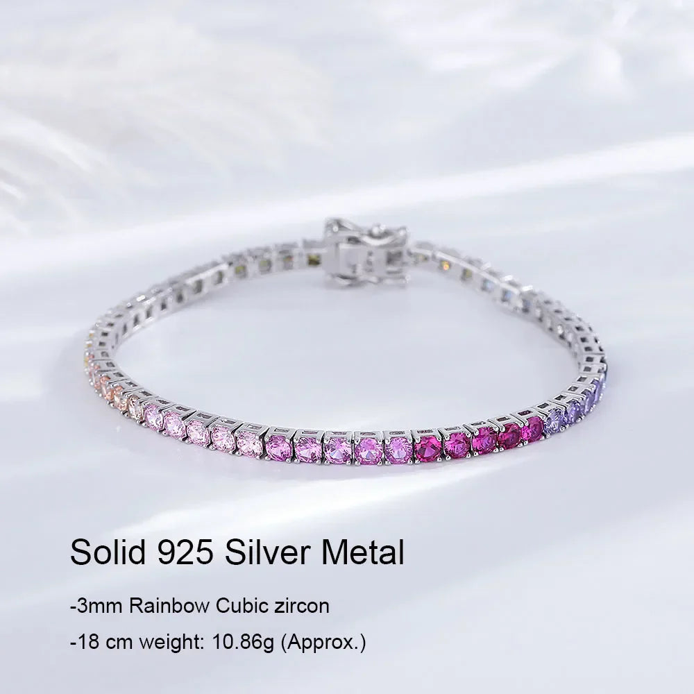 925 Silver Tennis Bracelet, 3mm Pave CZ, Dark Ruby/Rainbow/Blue/Green/Black, Eternity Design, Fine Jewelry for Women