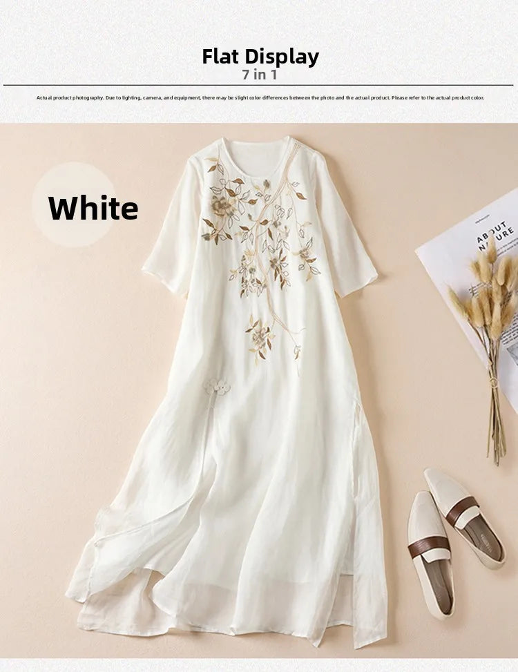 Summer New Hemp Dr Embroidered round Ne Five-Quarter Sve Fairy Beautiful Long Women's Dr New Chinese Sle