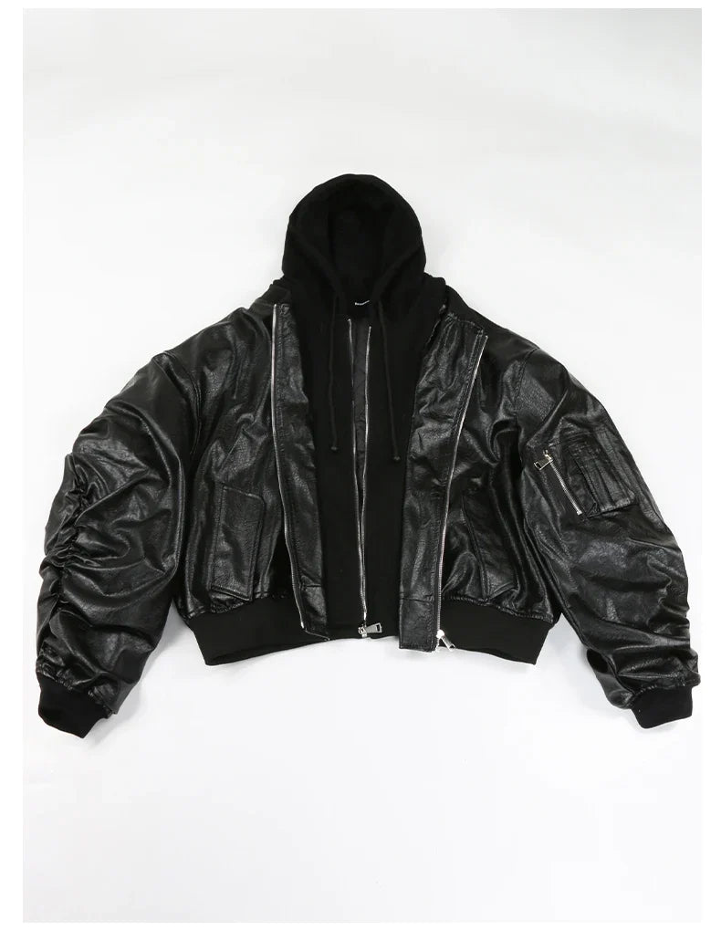 Autumn Winter Cool Handsome Oversized Brown Thickened Warm Leather Jacket Men with Hood Fake 2 Piece European Clothes