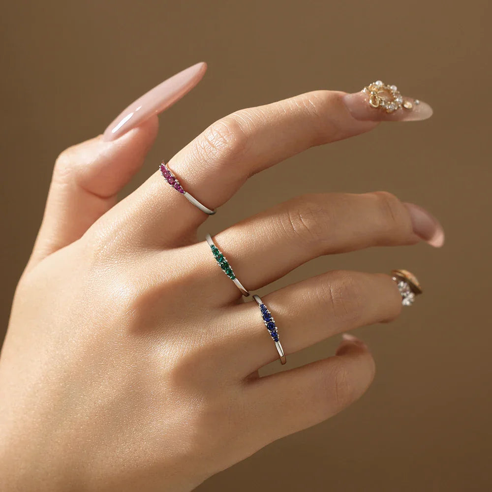 S925 Silver Ruby Women Ring Sapphire Men's Ring Minimalist Graduated Emerald Stackable Band May Birthstone Jewelry Gift