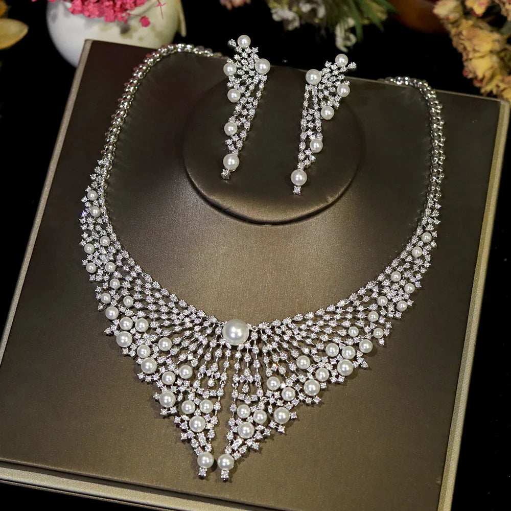 Luxury Cubic Zirconia 2pcs Pearl Necklacе Nigeria Dubai Bridal Wedding Jewellery Sets For Women Party  Accessories