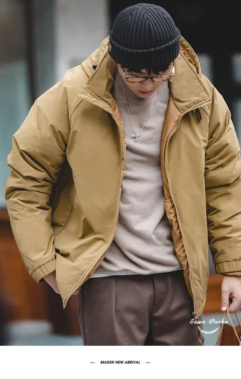 Hooded Down Jacket for Men Winter Thickened Matte Glossy Fabric Parka Outdoor Warm Coat Versatile Outerwear Black Jacket