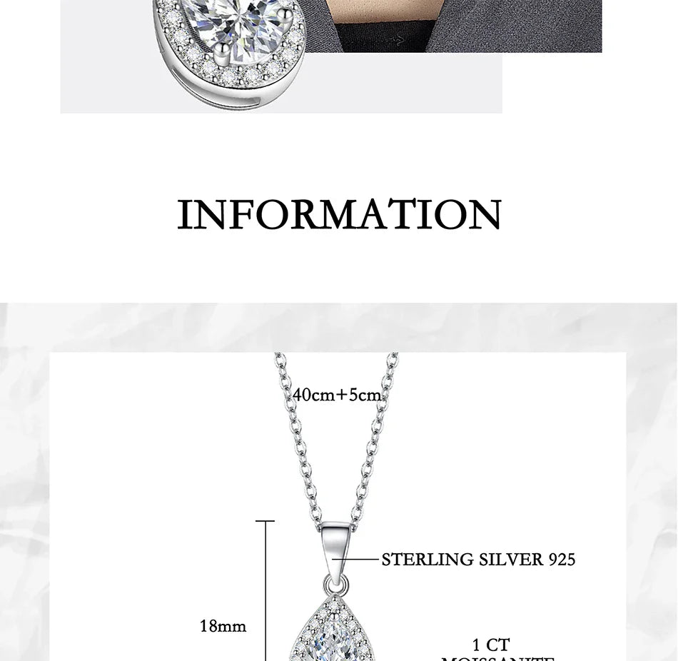 1CT Pear Cut Moissanite Necklace for Women S925 Pure Silver Sparkling Diamond Pendant Luxury Jewelry Party Gift