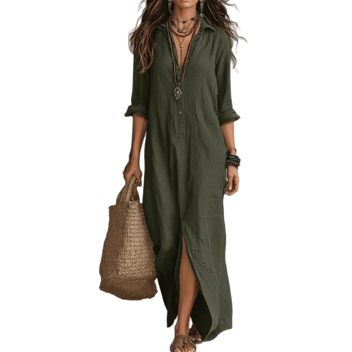 Casual Long Sleeve Loose Maxi Dress Women 2026 Summer Solid Color Turn-down Collar Beach Long Dresses Elegant Vestidos