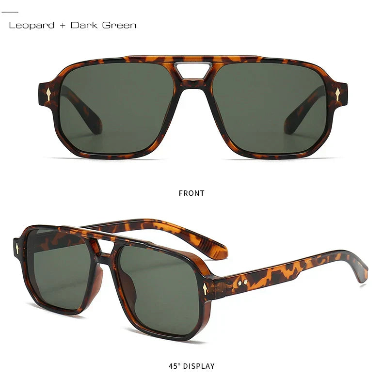 Vintage Double Bridges Men Square Sunglasses Fashion Clear Ocean Lens Eyewear Women Trending Rivets Sun Glasses UV400