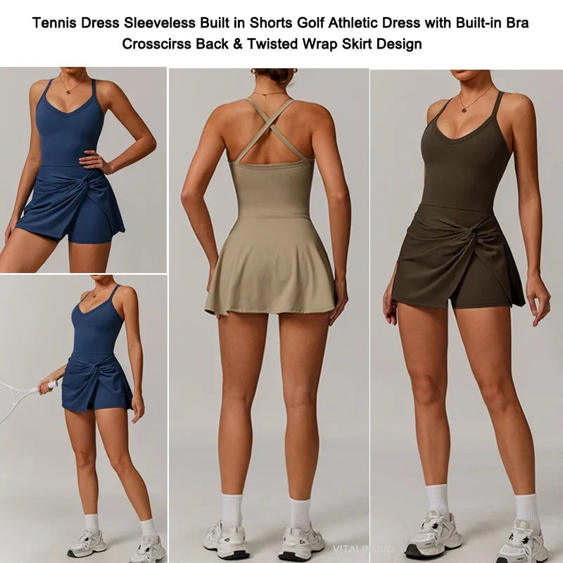 Womens Tennis Dress with Shorts Underneath Workout Dress with Built-in Bra Deep V Neck Athletic Dresses Golf Dress