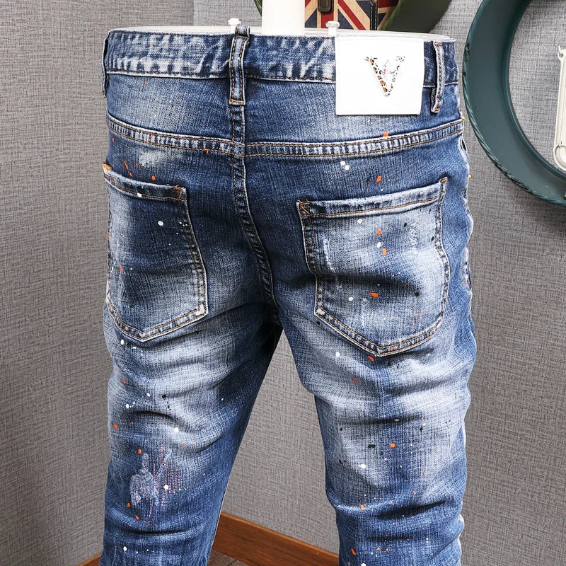 Fashion Streetwear Men Jeans Retro Blue Elastic Slim Fit Ripped Jeans
