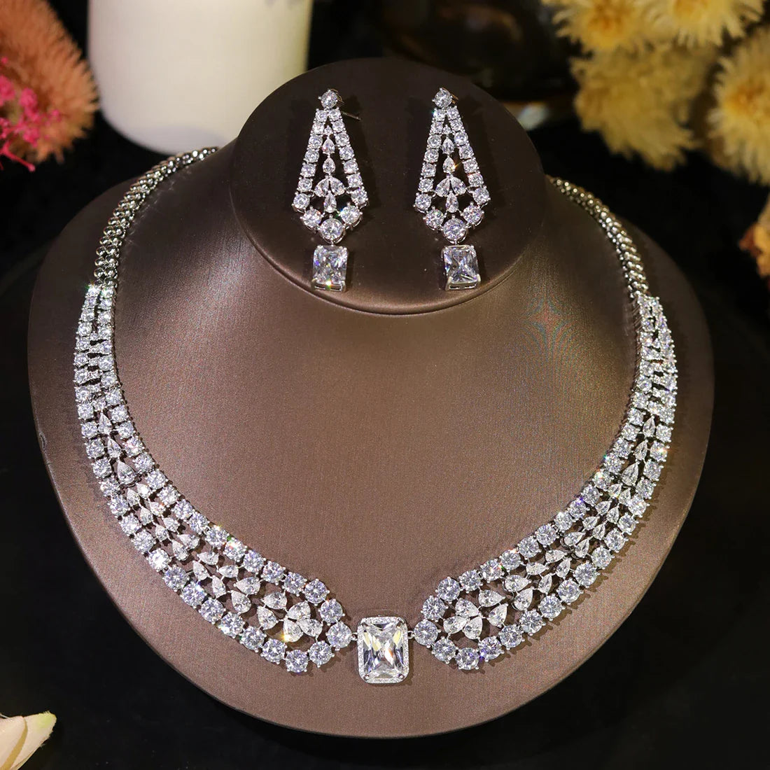 Fashion Wedding Jewelry Sets Shiny Red and white inlaid CZ Crystal Necklace and Earrings 2PCS Bridal Dress Party Accessories