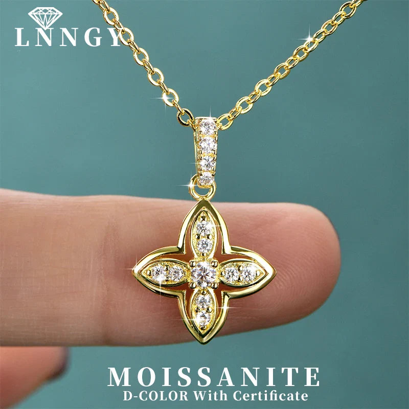 Luxury Shiny Four-Leaf Flower Pendant Necklace Certified Moissanite Diamond Necklace for Women 14k Gold Filled Jewelry