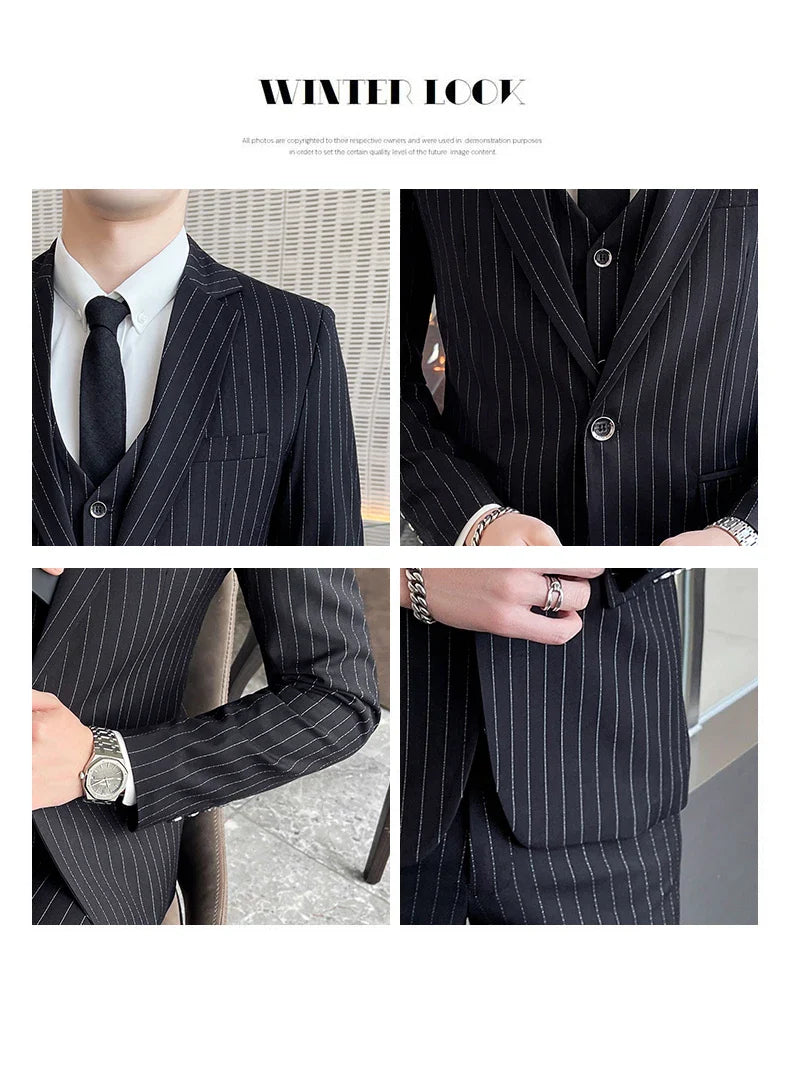 New three-piece suit with tailored striped business suit blazer and trousers set. Korean fashion trend. Stylish wedding attire.