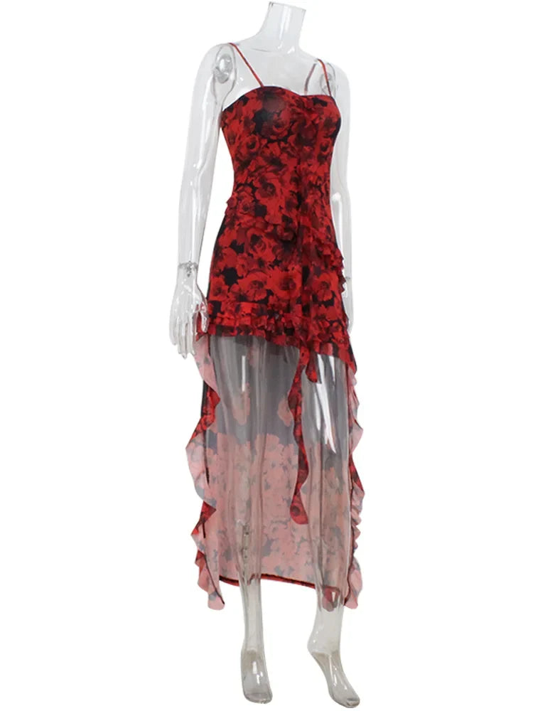 2025 Summer Fashion Women's Straps Dresses Print Asymmetrical Chiffon Floral Streetwear Skinny Trailing Yk2 Vestidos