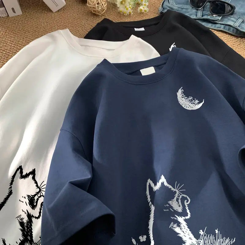 تيشيرتات رجالية كبيرة الحجم بيضاء بمقاس 5XL قطنية للرجال، تيشيرت كاجوال صيفي مطبوع عليه قطة وقمر، ملابس رجالية