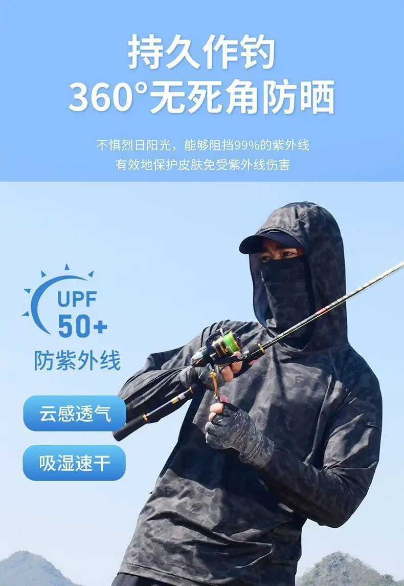 Ultra-thin Tshirts Summer Trendy Prints Lightweight UPF Sun Hoodie with Face Mask Shirt Long Sleeve Breathable UV Fishing Shirt
