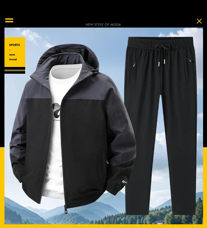 Men Spring Autumn Sport Set Comfortable Breathable Detachable Hooded Jacket Pant Set Training Morning Fitness Running Sport Suit