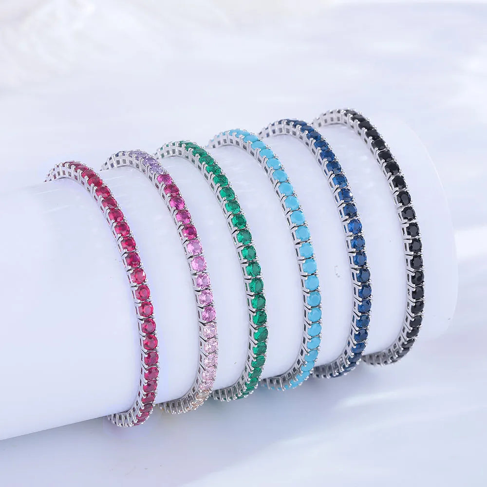 925 Silver Tennis Bracelet, 3mm Pave CZ, Dark Ruby/Rainbow/Blue/Green/Black, Eternity Design, Fine Jewelry for Women