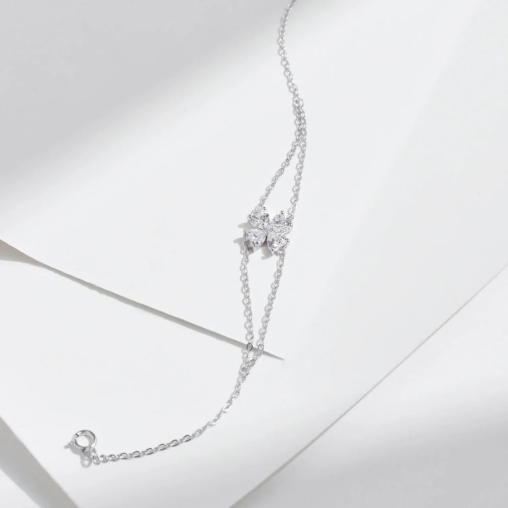 925 Sterling Silver Double Layer Flowers Hearts CZ Romantic Bracelet Luxury Adjustable Chain Link for Women Jewelry