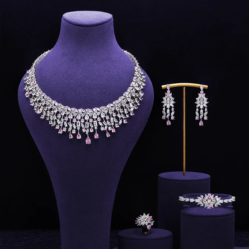 Luxury 4pcs Bridal Wedding Jewelry Set Cubic Zirconia Dubai Tassels Necklace Earrings Sets for Women Party Dress