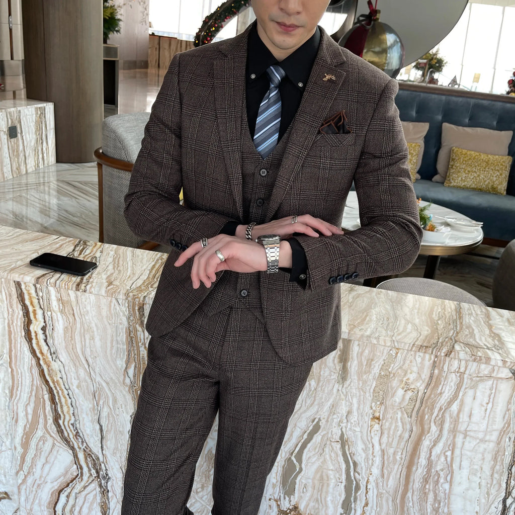 British Modified Plaid Three-Piece Suit for Men - Stylish Business Casual Suit Vest And Trousers Set