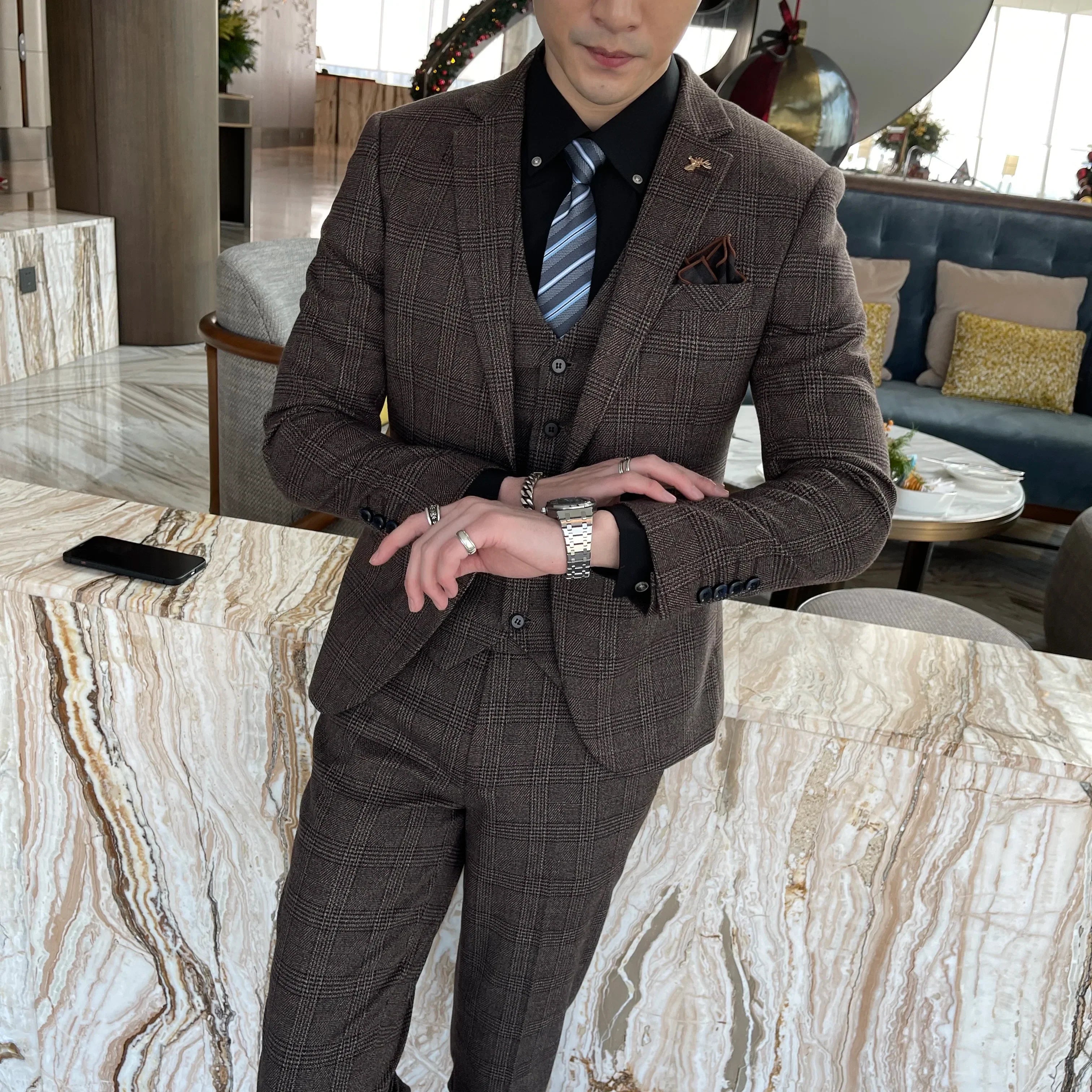British Modified Plaid Three-Piece Suit for Men - Stylish Business Casual Suit Vest And Trousers Set