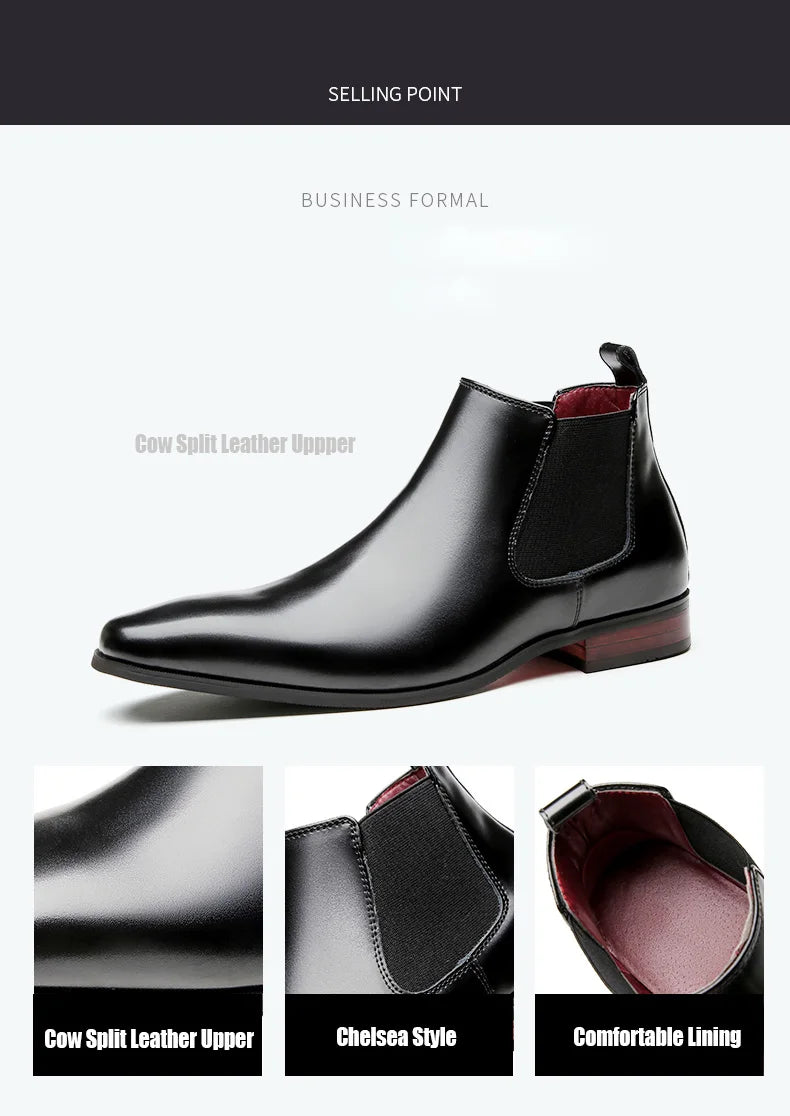Elegant Simple Men Leather Boots Long Tip Square Toe British Chelsea Boots for Men Formal Business Luxury Shoes Spring Winter