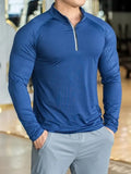 New Autumn Winter Running Gym Men Shirt Long Sleeve Tees Elastic Fit Sports Training Fitness Quick Dry Zip Collar Polo T Shirt