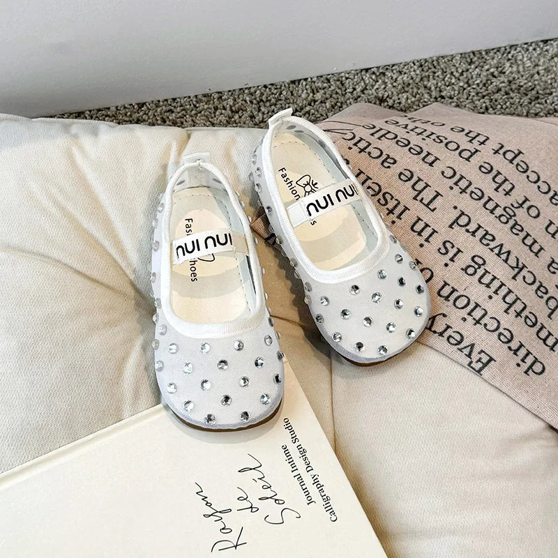 Summer Breathable Lace Mesh Ballet Flats Kids Girls Luxury Brand Design Crystal First Walkers Shoes Baby Children Bling Zapatos