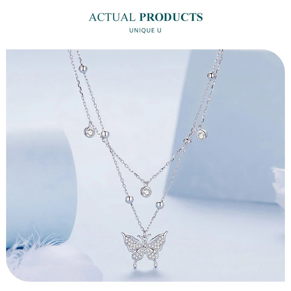 925 Sterling Silver Double-layer Tassel Butterfly Pendant Necklace for Women Engagement Gift Fine Jewelry BSN308