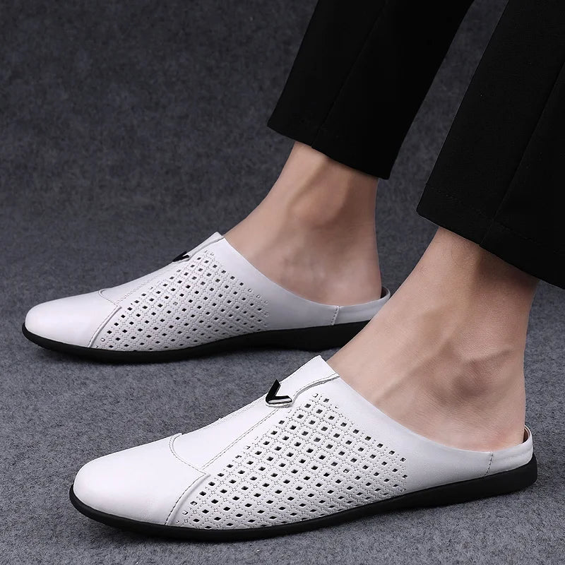 Summer Men Shoes Casual Brand Mens Penny Loafers Genuine Leather Luxury Half Slipper For Men Breathable Lazy Driving Shoes Man