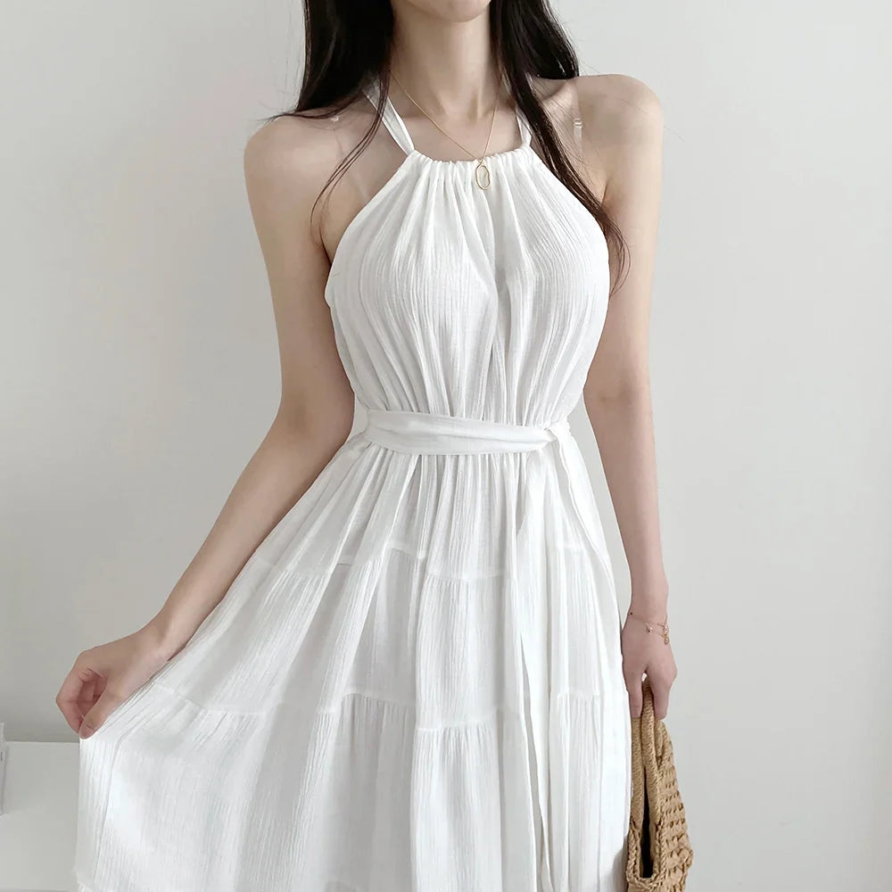 Korean Style Summer Slimming Necktie Waist Cinched Sleeveless Vest Long Dress Women's Fashionable Commute Style Inner Wear