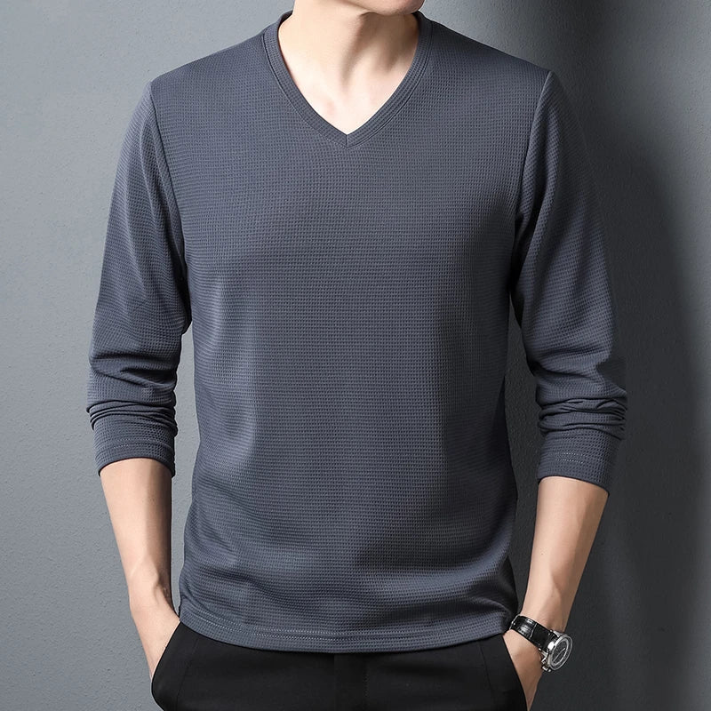 Minimalist Men's V-neck Long Sleeve T-shirt Soft Knitted Fabric Comfortable Top for All Seasons
