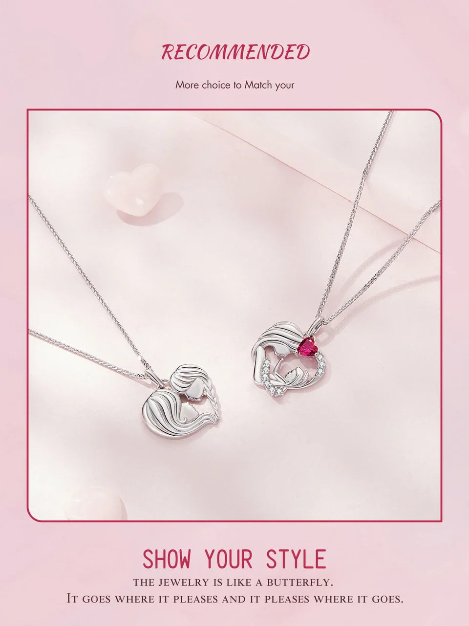925 Sterling Silver Mother and Daughter Heart Shape Pendant Necklace for Women Birthday Mother's Day Gift Fine Jewelry