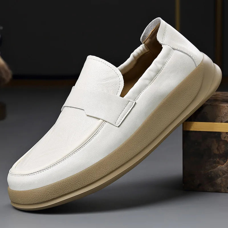 Spring Summer New Genuine Leather Shoes Men Solid Color Fashion Loafers Male Soft Sole Anti-slip Height-increasing Loafers Man
