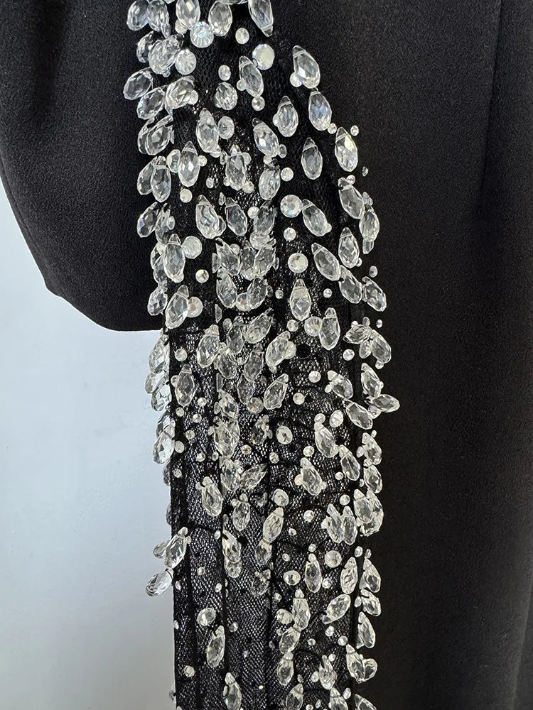 Newest 2026 Designer Vestido Women's Diamonds Beaded Slash Neck Off The Shoulders Patchwork Gauze Long Maxi Dress