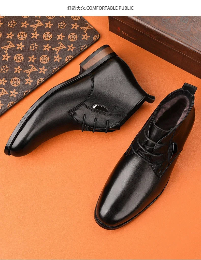 Men Flat/6CM Bussiness Elevator Shoes Genuine Leather Boots Autumn Winter Warm Ankle Boots for Men Botas Hombre Plus Size 37-47