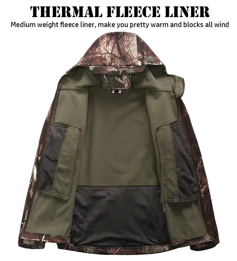 Men's Silent Camouflage Hunting Jacket Waterproof Fleece Tactical Jackets Soft Shell Outdoor Hiking Fishing Hooded Coat