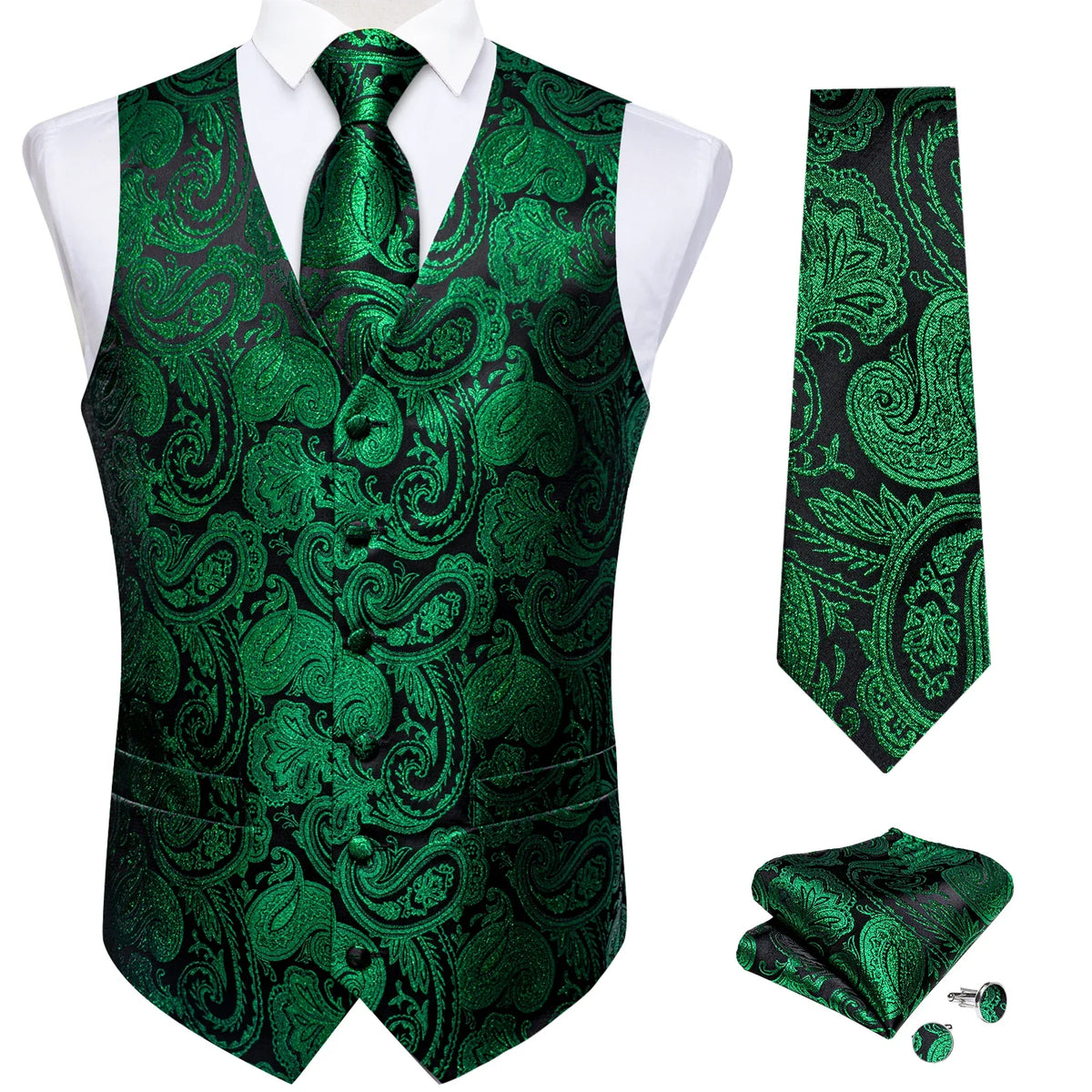 Luxury Green Paisley Solid Silk Suit Vest for Men Wedding Waistcoat Neck Tie Set Party Tuxedo Men Clothing DiBanGu