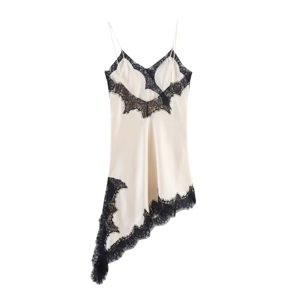 Summer Women Fashion Asymmetry Lace Decorate Dress Female Sexy Sleeveless Backless Halter Neck Collar Beach Party Dress