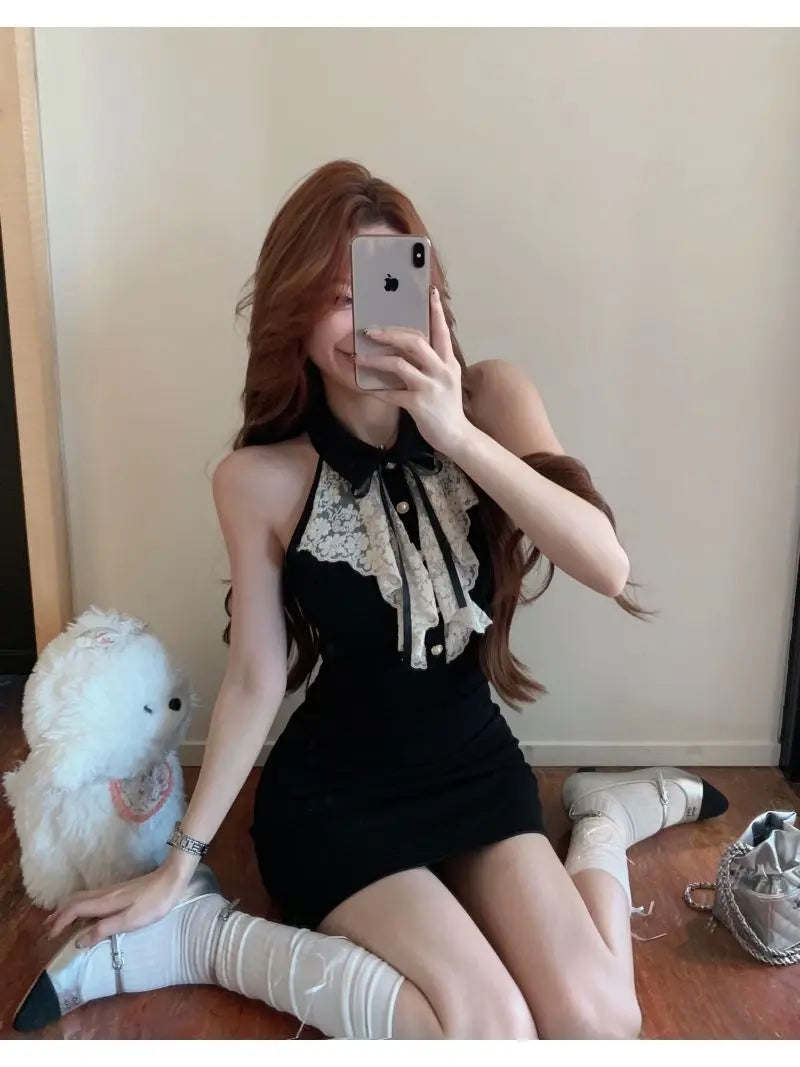 Kimotimo Hotsweet Y2k Dress Women Lace Splicing Bow Halter Waist Slim Fit Hip Mini Dresses Fashion Birthday Party Vestido Summer
