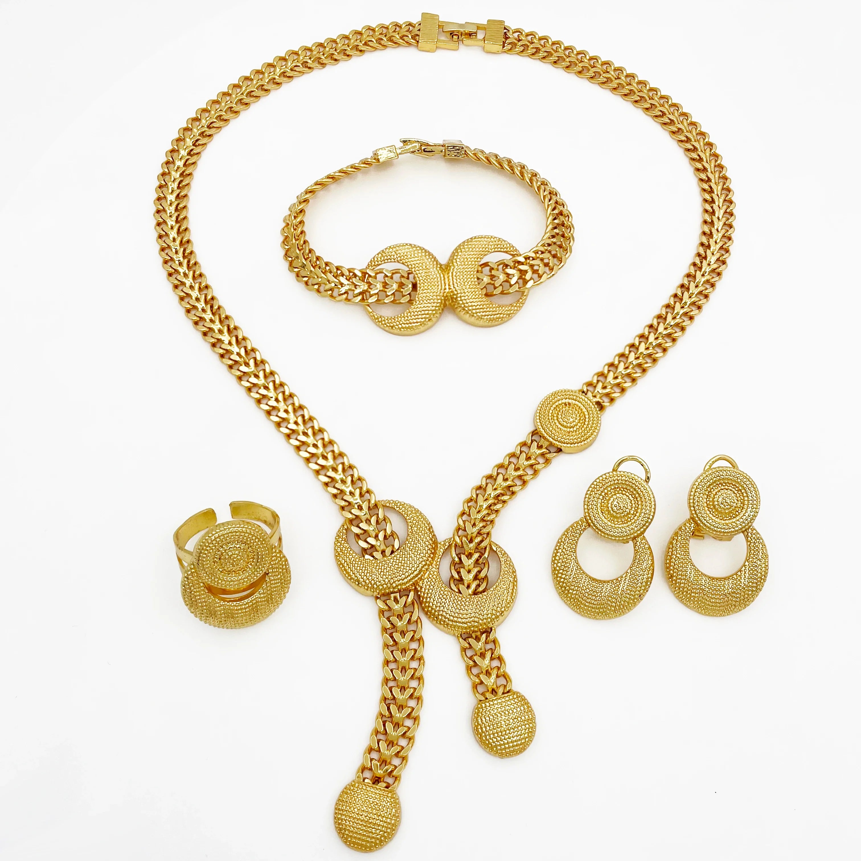 Dubai Gold Color Jewelry Set For Women Classic Bow Design 18K Gold Plated Necklace Set Earrings Bracelet And Ring Trending