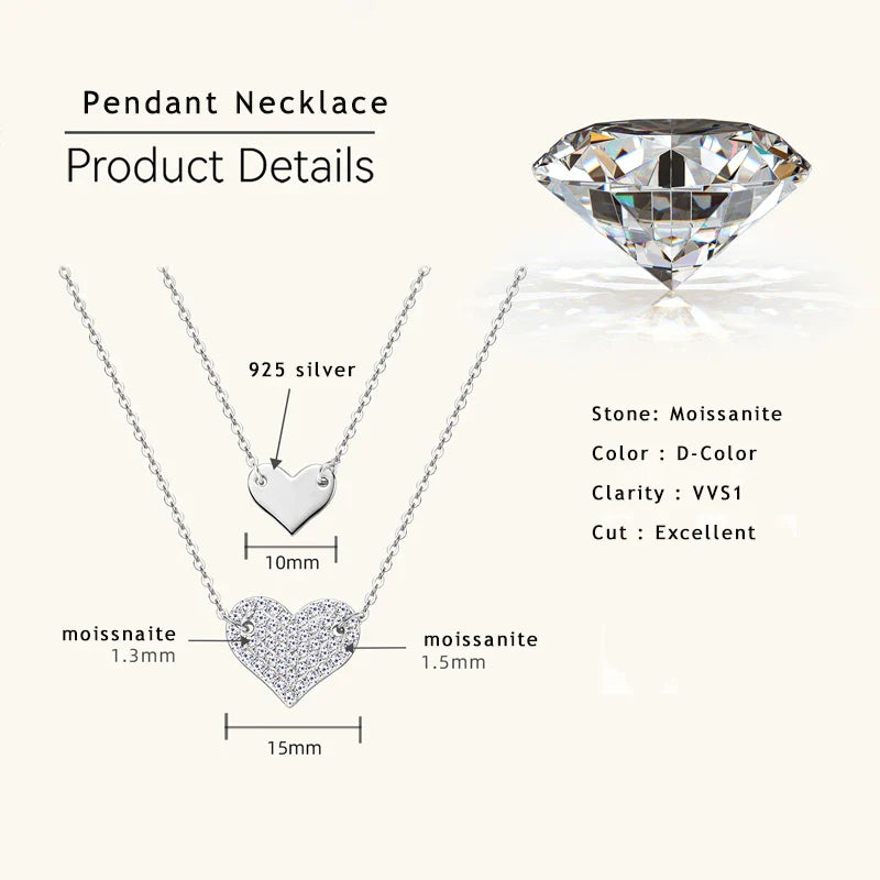Collar Plata 925 Sterling Silver Heart Pendant Necklace 1.5mm&1.3mm Moissanite Necklaces For Women Double Chain Jewellry