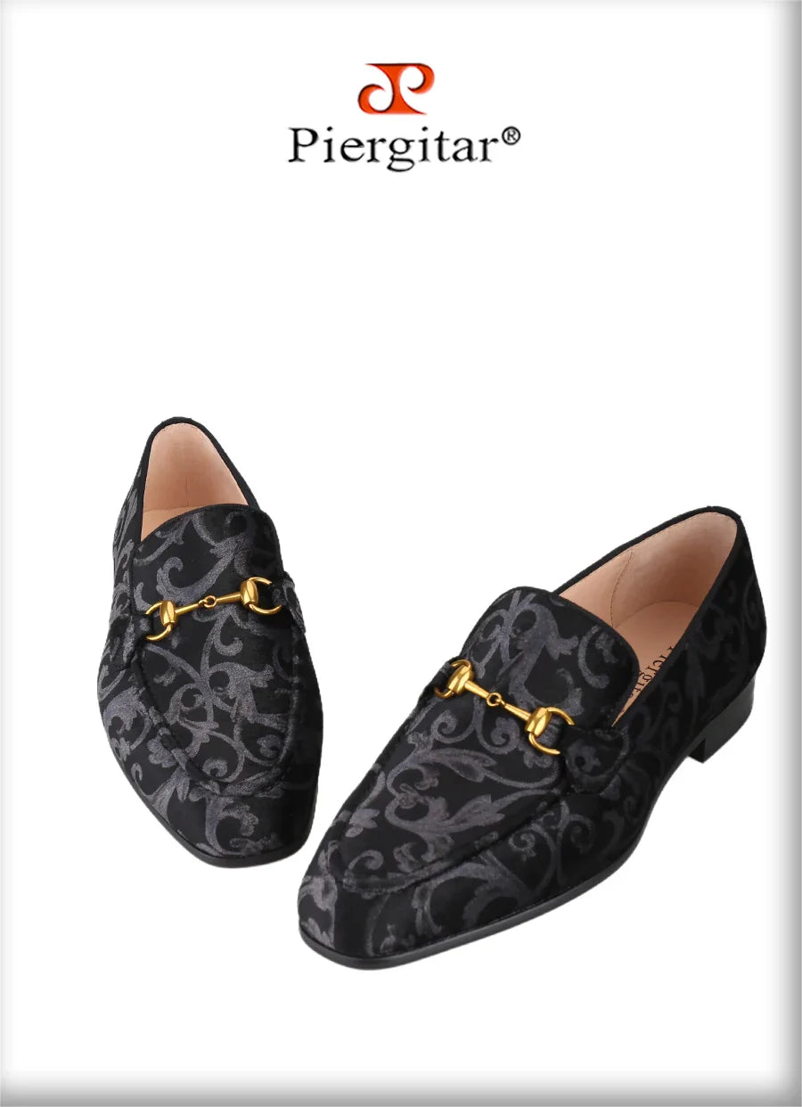 Piergitar Retro Style High-End Custom-Made Baroque Jacquard Velvet Men's Loafers With Horsebit Buckle Slip-On Smoking Shoes