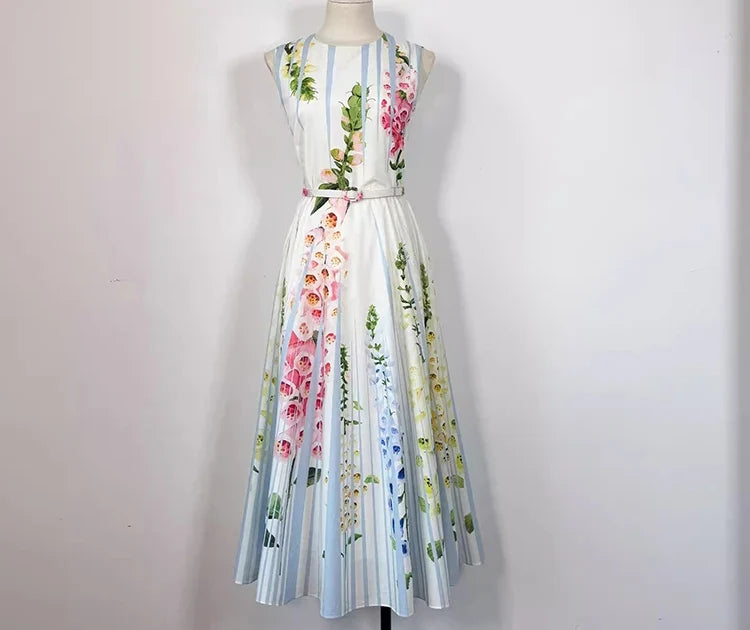 2026 Spring Women's New Fashionable Round Neck Sleeveless Printed Cotton Belt Waist cinching Dress ﻿