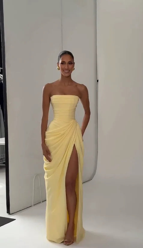 Lady Sexy Strapless Split Solid Pleated Dress Women Chic Backless High Waist Off-shoulder Dresses 2026 New Evening Party Gowns
